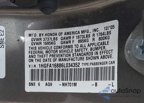 2006 Honda Civic Ex from USA, damaged, VIN 1HGFA16886L034352